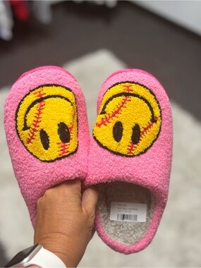 Pink Slippers with Yellow Softball Design